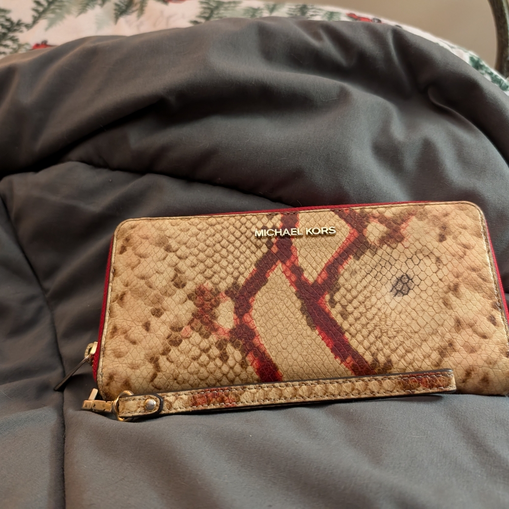 Michael Kors Red and Tan Snake Print Wristlet
